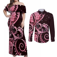 New Zealand Valentine Couples Matching Off Shoulder Maxi Dress and Long Sleeve Button Shirt Aroha Sweet Pink Piwakawaka LT05 Pink - Polynesian Pride