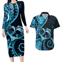 New Zealand Valentine Couples Matching Long Sleeve Bodycon Dress and Hawaiian Shirt Aroha Cyan Piwakawaka LT05 Cyan - Polynesian Pride