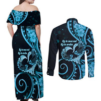 New Zealand Valentine Couples Matching Off Shoulder Maxi Dress and Long Sleeve Button Shirt Aroha Cyan Piwakawaka LT05 - Polynesian Pride