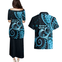 New Zealand Valentine Couples Matching Puletasi and Hawaiian Shirt Aroha Cyan Piwakawaka LT05 - Polynesian Pride