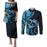 New Zealand Valentine Couples Matching Puletasi and Long Sleeve Button Shirt Aroha Cyan Piwakawaka LT05 Cyan - Polynesian Pride