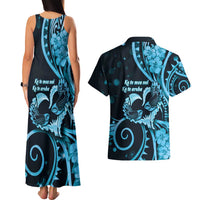 New Zealand Valentine Couples Matching Tank Maxi Dress and Hawaiian Shirt Aroha Cyan Piwakawaka LT05 - Polynesian Pride