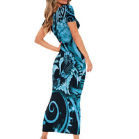New Zealand Valentine Family Matching Short Sleeve Bodycon Dress and Hawaiian Shirt Aroha Cyan Piwakawaka LT05 - Polynesian Pride