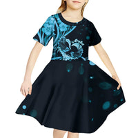 New Zealand Valentine Kid Short Sleeve Dress Aroha Cyan Piwakawaka LT05 - Polynesian Pride