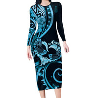 New Zealand Valentine Long Sleeve Bodycon Dress Aroha Cyan Piwakawaka LT05 Long Dress Cyan - Polynesian Pride