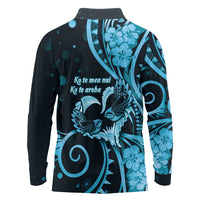 New Zealand Valentine Long Sleeve Polo Shirt Aroha Cyan Piwakawaka LT05 - Polynesian Pride