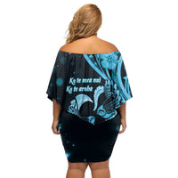 New Zealand Valentine Off Shoulder Short Dress Aroha Cyan Piwakawaka LT05 - Polynesian Pride
