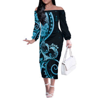 New Zealand Valentine Off The Shoulder Long Sleeve Dress Aroha Cyan Piwakawaka LT05 Women Cyan - Polynesian Pride