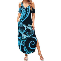 New Zealand Valentine Summer Maxi Dress Aroha Cyan Piwakawaka LT05 Women Cyan - Polynesian Pride