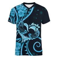 New Zealand Valentine Women V-Neck T-Shirt Aroha Cyan Piwakawaka LT05 Female Cyan - Polynesian Pride