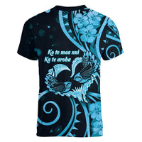 New Zealand Valentine Women V-Neck T-Shirt Aroha Cyan Piwakawaka LT05 - Polynesian Pride