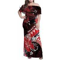 Personalised Hawaii Valentine Day Family Matching Off Shoulder Maxi Dress and Hawaiian Shirt Polynesian Hibiscus Art Style Red LT05 Mom's Dress Red - Polynesian Pride