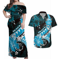 Personalised Hawaii Valentine Day Couples Matching Off Shoulder Maxi Dress and Hawaiian Shirt Polynesian Hibiscus Art Style Turquoise LT05 Turquoise - Polynesian Pride