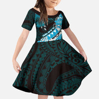 Personalised Hawaii Valentine Day Family Matching Off Shoulder Maxi Dress and Hawaiian Shirt Polynesian Hibiscus Art Style Turquoise LT05 Daughter's Dress Turquoise - Polynesian Pride