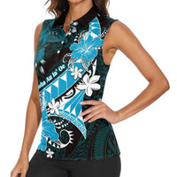 Personalised Hawaii Valentine Day Women Sleeveless Polo Shirt Polynesian Hibiscus Art Style Turquoise LT05 - Polynesian Pride
