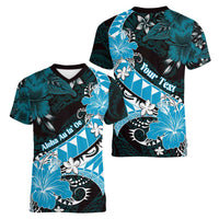 Personalised Hawaii Valentine Day Women V-Neck T-Shirt Polynesian Hibiscus Art Style Turquoise LT05 - Polynesian Pride