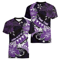 Personalised Hawaii Valentine Day Women V-Neck T-Shirt Polynesian Hibiscus Art Style Purple LT05 - Polynesian Pride