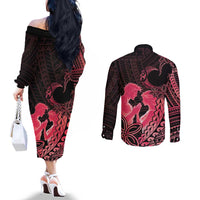 Alofa Samoa Valentine Red Couples Matching Off The Shoulder Long Sleeve Dress and Long Sleeve Button Shirt Love Is The Greatest Thing LT05 - Polynesian Pride