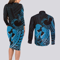 Alofa Samoa Valentine Blue Couples Matching Long Sleeve Bodycon Dress and Long Sleeve Button Shirt Love Is The Greatest Thing LT05 - Polynesian Pride