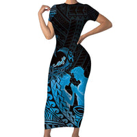 Alofa Samoa Valentine Blue Family Matching Short Sleeve Bodycon Dress and Hawaiian Shirt Love Is The Greatest Thing LT05 Mom's Dress Blue - Polynesian Pride