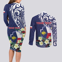 Personalised Wake Island Couples Matching Long Sleeve Bodycon Dress and Long Sleeve Button Shirt Tribal Pattern With Hibiscus Flowers LT05 - Polynesian Pride