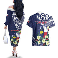 Personalised Wake Island Couples Matching Off The Shoulder Long Sleeve Dress and Hawaiian Shirt Tribal Pattern With Hibiscus Flowers LT05 - Polynesian Pride