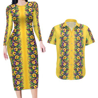 Aloha Hawaii Mardi Gras Couples Matching Long Sleeve Bodycon Dress and Hawaiian Shirt Gold Style LT05 Gold - Polynesian Pride