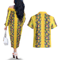 Aloha Hawaii Mardi Gras Couples Matching Off The Shoulder Long Sleeve Dress and Hawaiian Shirt Gold Style LT05 - Polynesian Pride