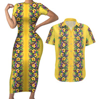 Aloha Hawaii Mardi Gras Couples Matching Short Sleeve Bodycon Dress and Hawaiian Shirt Gold Style LT05 Gold - Polynesian Pride