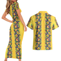 Aloha Hawaii Mardi Gras Couples Matching Short Sleeve Bodycon Dress and Hawaiian Shirt Gold Style LT05 - Polynesian Pride