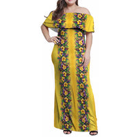 Aloha Hawaii Mardi Gras Family Matching Off Shoulder Maxi Dress and Hawaiian Shirt Gold Style LT05 Mom's Dress Gold - Polynesian Pride