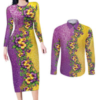 Hawaii Mardi Gras Couples Matching Long Sleeve Bodycon Dress and Long Sleeve Button Shirt Plumeria Lei Beads Glitter Style LT05 Colorful - Polynesian Pride