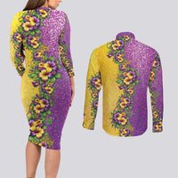 Hawaii Mardi Gras Couples Matching Long Sleeve Bodycon Dress and Long Sleeve Button Shirt Plumeria Lei Beads Glitter Style LT05 - Polynesian Pride