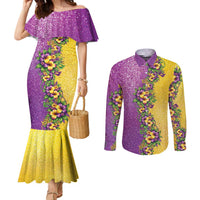 Hawaii Mardi Gras Couples Matching Mermaid Dress and Long Sleeve Button Shirt Plumeria Lei Beads Glitter Style LT05 Colorful - Polynesian Pride