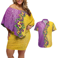 Hawaii Mardi Gras Couples Matching Off Shoulder Short Dress and Hawaiian Shirt Plumeria Lei Beads Glitter Style LT05 Colorful - Polynesian Pride