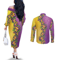 Hawaii Mardi Gras Couples Matching Off The Shoulder Long Sleeve Dress and Long Sleeve Button Shirt Plumeria Lei Beads Glitter Style LT05 - Polynesian Pride