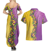 Hawaii Mardi Gras Couples Matching Summer Maxi Dress and Hawaiian Shirt Plumeria Lei Beads Glitter Style LT05 - Polynesian Pride