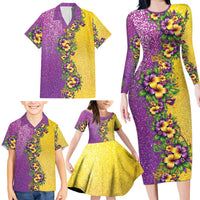 Hawaii Mardi Gras Family Matching Long Sleeve Bodycon Dress and Hawaiian Shirt Plumeria Lei Beads Glitter Style LT05 - Polynesian Pride
