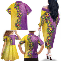 Hawaii Mardi Gras Family Matching Off The Shoulder Long Sleeve Dress and Hawaiian Shirt Plumeria Lei Beads Glitter Style LT05 - Polynesian Pride