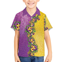 Hawaii Mardi Gras Family Matching Short Sleeve Bodycon Dress and Hawaiian Shirt Plumeria Lei Beads Glitter Style LT05 Son's Shirt Colorful - Polynesian Pride