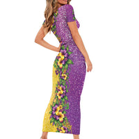 Hawaii Mardi Gras Short Sleeve Bodycon Dress Plumeria Lei Beads Glitter Style