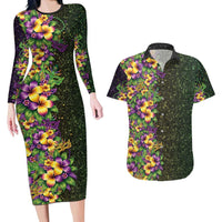 Hawaii Mardi Gras Couples Matching Long Sleeve Bodycon Dress and Hawaiian Shirt Tropical Flowers Glitter Style LT05 Black - Polynesian Pride