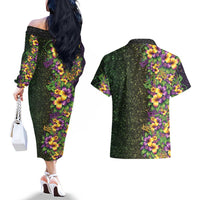 Hawaii Mardi Gras Couples Matching Off The Shoulder Long Sleeve Dress and Hawaiian Shirt Tropical Flowers Glitter Style LT05 - Polynesian Pride