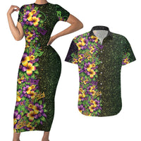 Hawaii Mardi Gras Couples Matching Short Sleeve Bodycon Dress and Hawaiian Shirt Tropical Flowers Glitter Style LT05 Black - Polynesian Pride