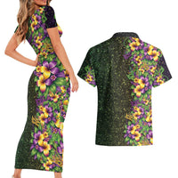 Hawaii Mardi Gras Couples Matching Short Sleeve Bodycon Dress and Hawaiian Shirt Tropical Flowers Glitter Style LT05 - Polynesian Pride