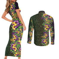 Hawaii Mardi Gras Couples Matching Short Sleeve Bodycon Dress and Long Sleeve Button Shirt Tropical Flowers Glitter Style LT05 - Polynesian Pride
