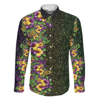 Hawaii Mardi Gras Family Matching Tank Maxi Dress and Hawaiian Shirt Tropical Flowers Glitter Style LT05 Dad's Shirt - Long Sleeve Black - Polynesian Pride