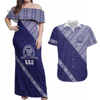 Tonga Queen Salote College Couples Matching Off Shoulder Maxi Dress and Hawaiian Shirt 100 Years Anniversary Navy Color LT05 Navy - Polynesian Pride