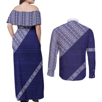 Tonga Queen Salote College Couples Matching Off Shoulder Maxi Dress and Long Sleeve Button Shirt 100 Years Anniversary Navy Color LT05 - Polynesian Pride