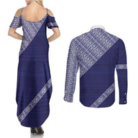 Tonga Queen Salote College Couples Matching Summer Maxi Dress and Long Sleeve Button Shirt 100 Years Anniversary Navy Color LT05 - Polynesian Pride